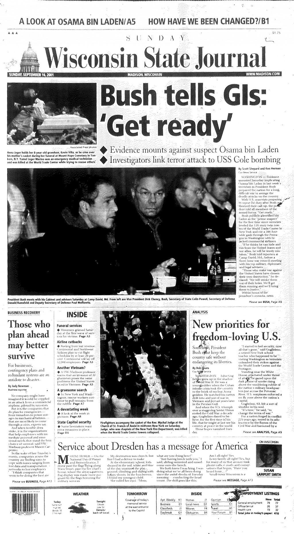 Wisconsin State Journal front page from Sept. 16, 2001